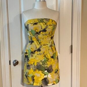 New York & Co. Yellow Strapless Floral Mini Dress Size 6